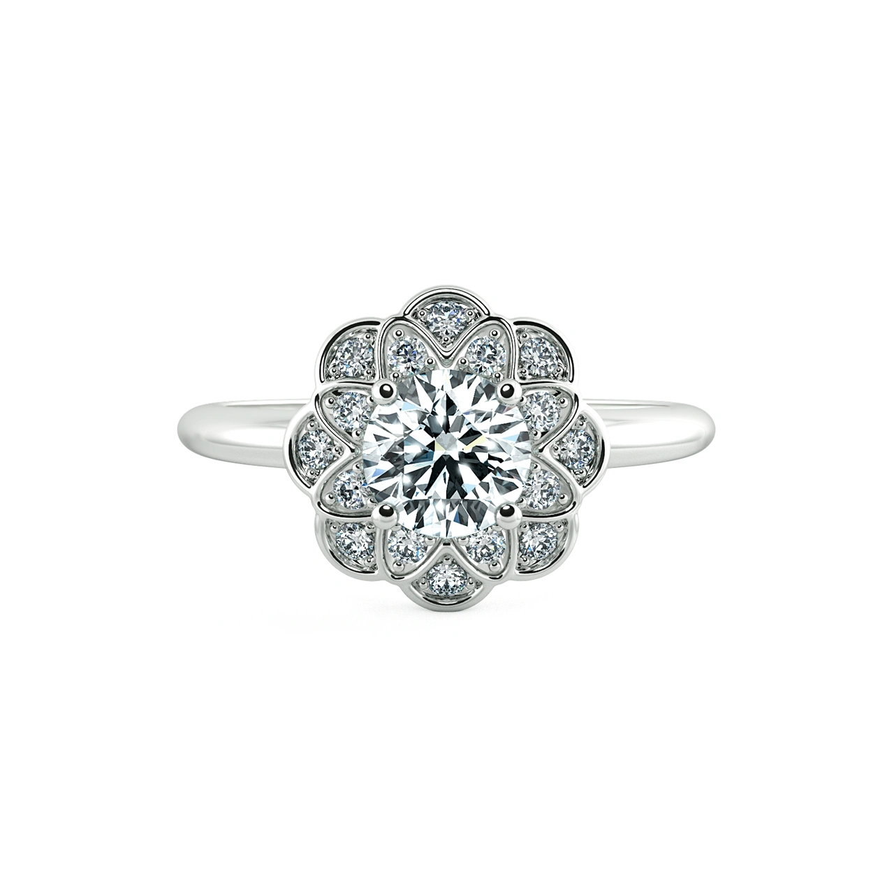 Halo Floral Design Engament Ring with Shiny Band NCH2005