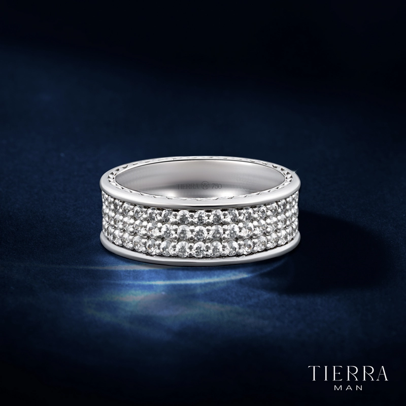 Nhẫn bạch kim nam đẹp Band Ring có đặc trưng là vòng kim cương tấm đính dọc theo đai