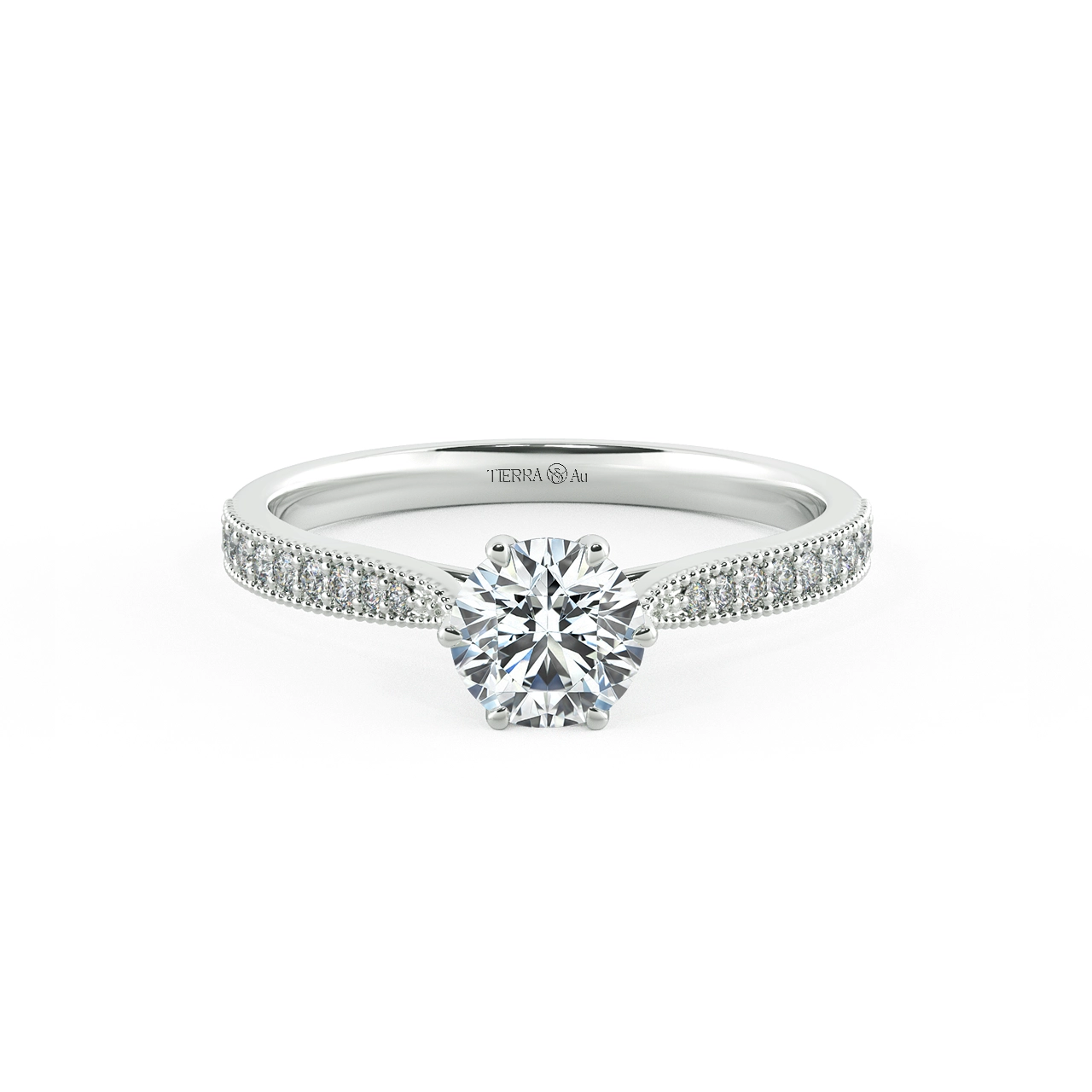 Six Prongs Solitaire Pave Engagement Ring with Milgrain NCH1204 1