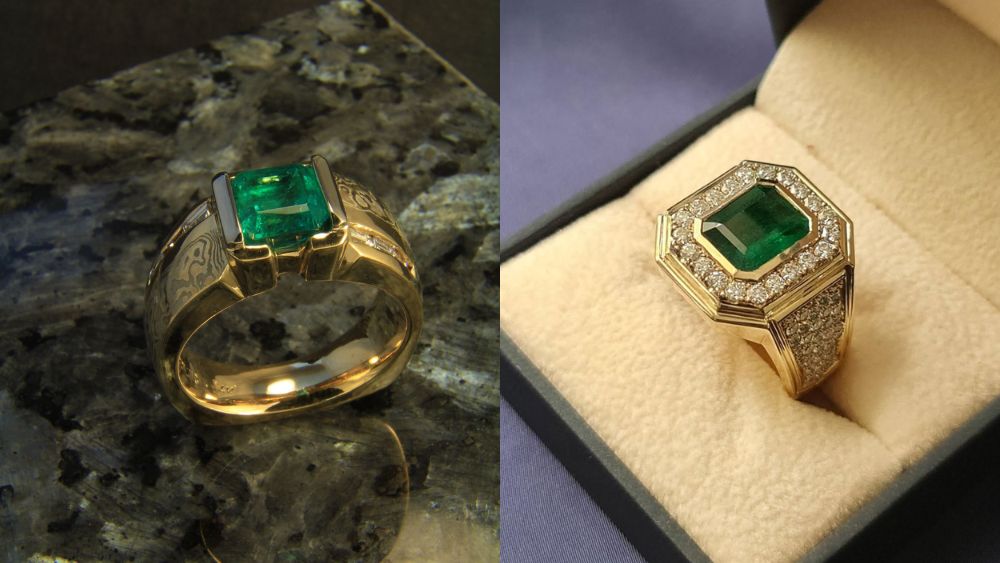 Nhẫn nam vàng 18K đính đá xanh lục