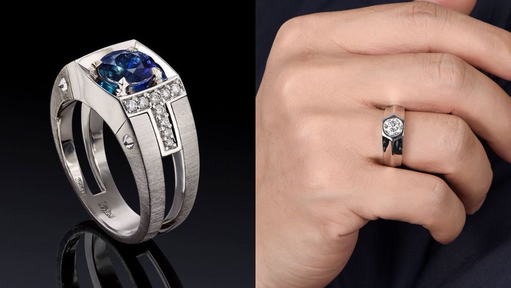Nhẫn nam vàng 18K trắng đính đá ECZ tầm giá 5 triệu