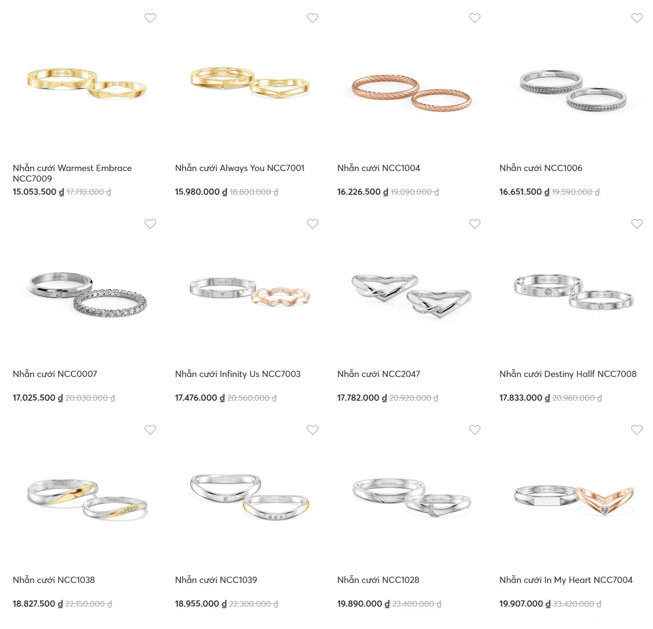 List sản phẩm nhẫn cưới giá chưa đến 20 triệu