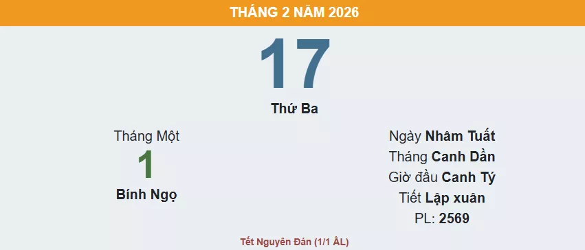 Mùng 1 Tết Bính Ngọ 2026 rơi vào ngày 17 tháng 03 năm 2026