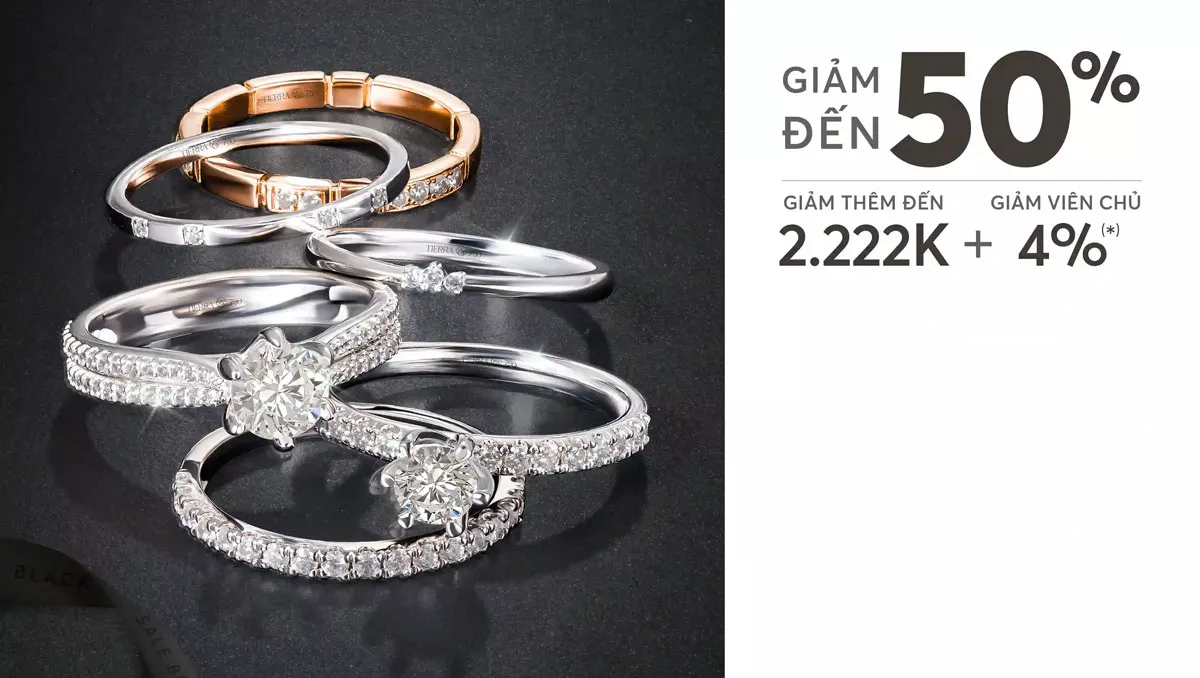 Chương trình khuyến mãi giảm 50% black friday 2024 tại Tierra các sản phẩm nhẫn, dây chuyền, bông tai, kim cương