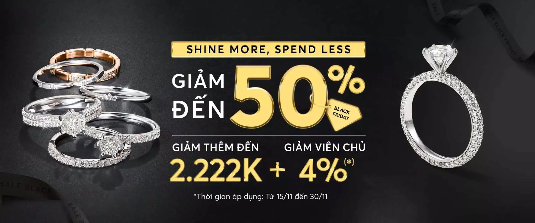 Chương trình khuyến mãi giảm 50% black friday 2024 tại Tierra các sản phẩm nhẫn, dây chuyền, bông tai, kim cương