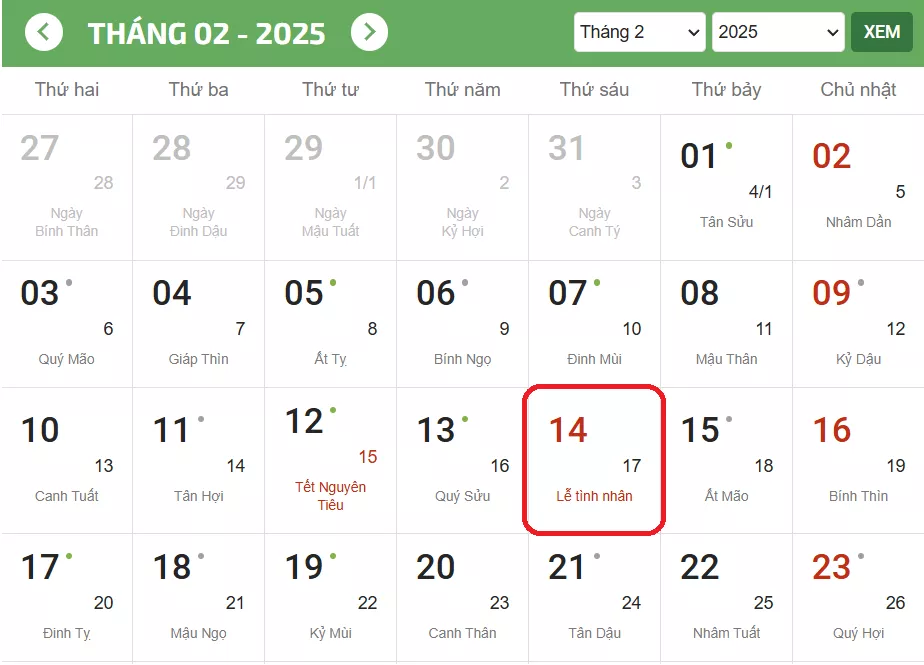 Ngày Valentine 14 tháng 2 năm 2025