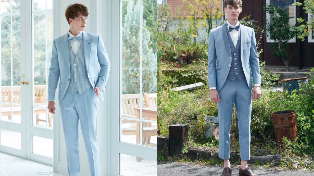Mẫu áo vest cho chú rể gầy xanh pastel