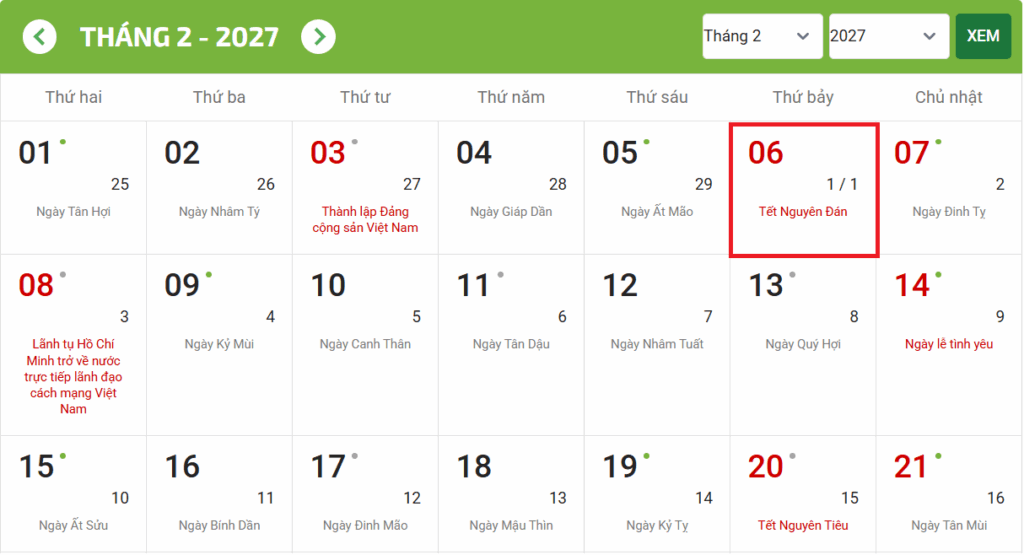 Lịch âm Tết Nguyên Đán và giao thừa 2027