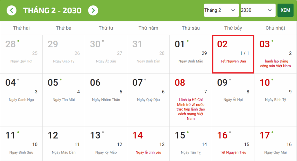Lịch âm Tết Nguyên Đán và giao thừa 2030