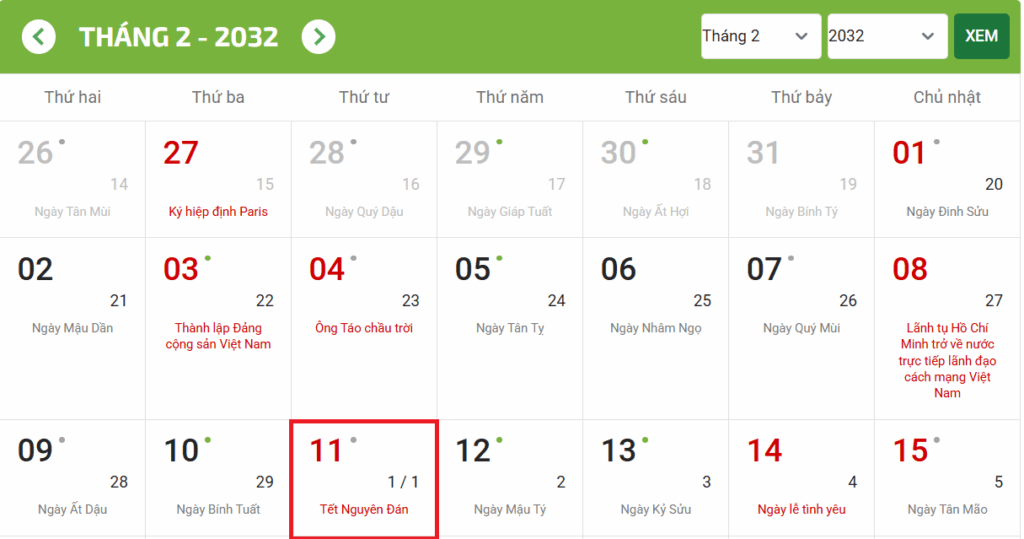 Lịch âm Tết Nguyên Đán và giao thừa 2032