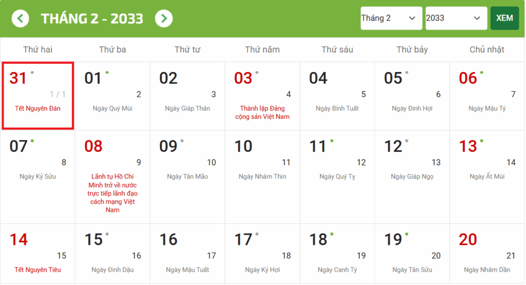 Lịch âm Tết Nguyên Đán và giao thừa 2033