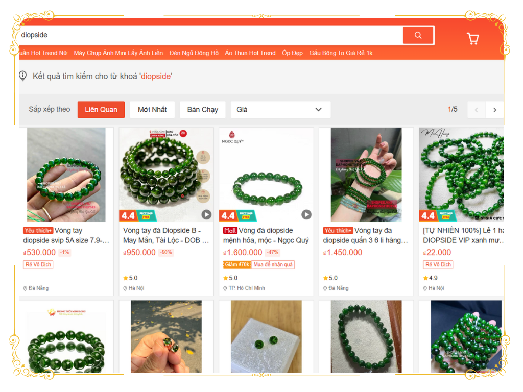 Diopside được bán rọng rãi trên các sàn TMDT