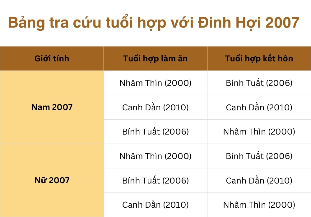 Nam, Nữ Đinh Hợi 2007 mệnh gì, hợp màu gì? Hợp tuổi nào? 6 Bảng tra cứu nữ và nam 2007 hợp tuổi nào
