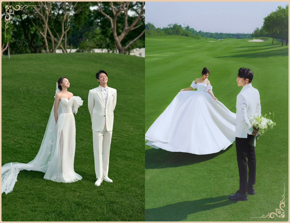 tạo dáng chụp ảnh cưới trên bãi cỏ
