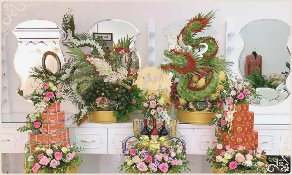 Tráp dẫn cưới truyền thống gồm trầu, cau, rượu, bánh
