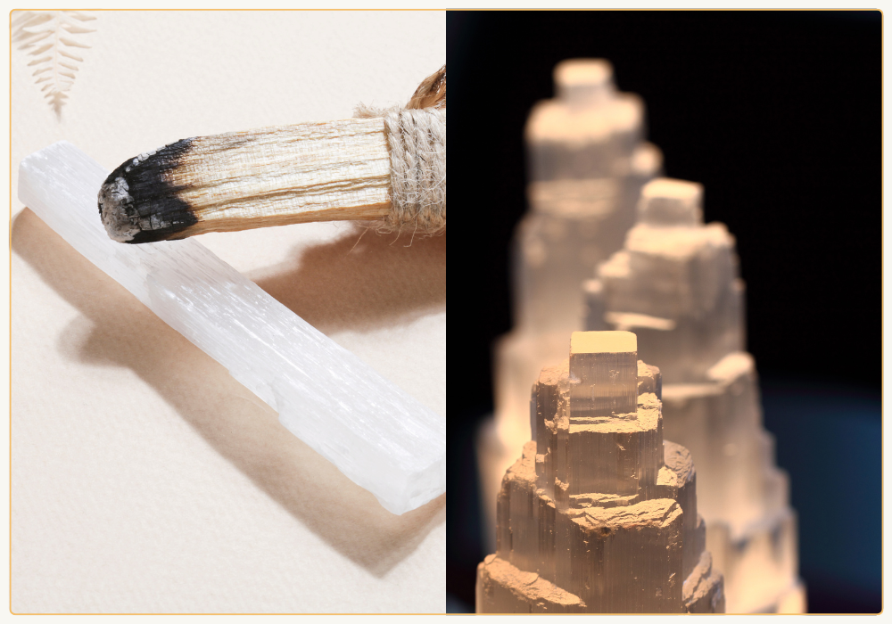Thanh tẩy đá Selenite bằng lá xô hoặc ánh trăng