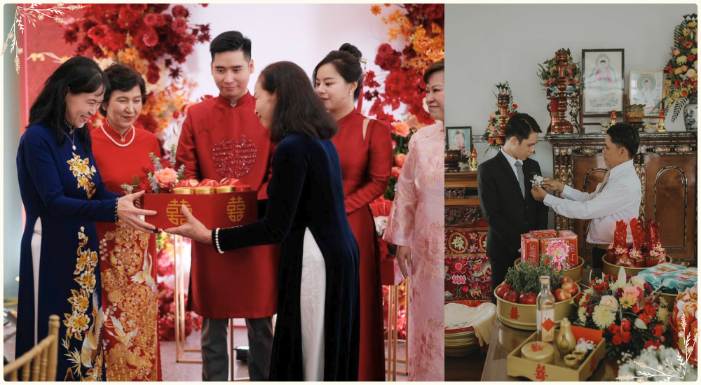 Hai bên gia đình bàn chuyện trong lễ bỏ rượu