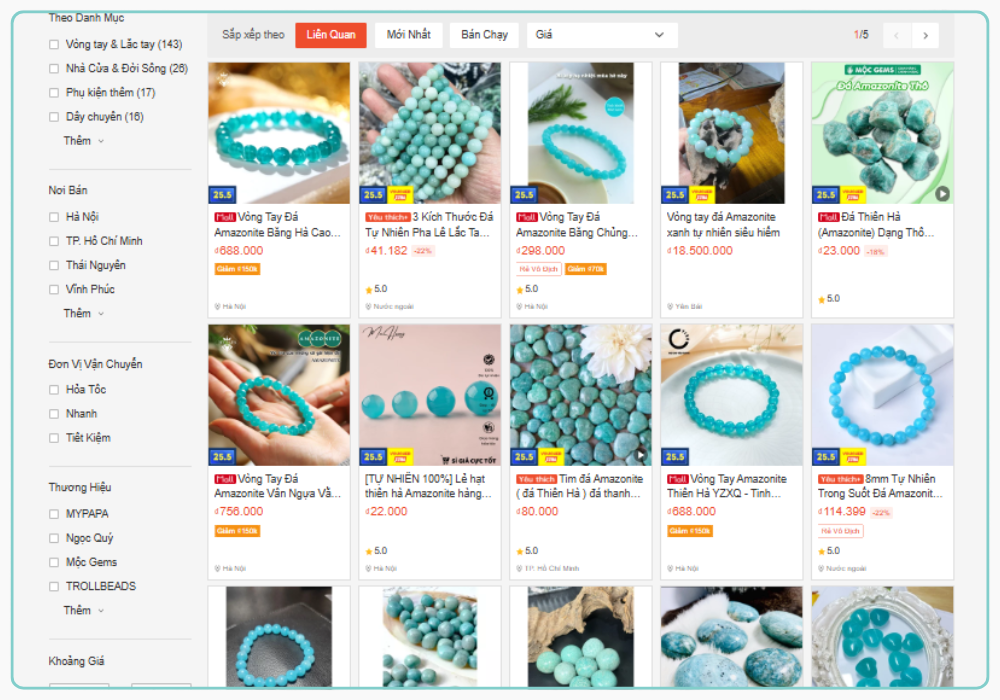 Đá Amazonite được bán phổ biến trên sàn TMĐT