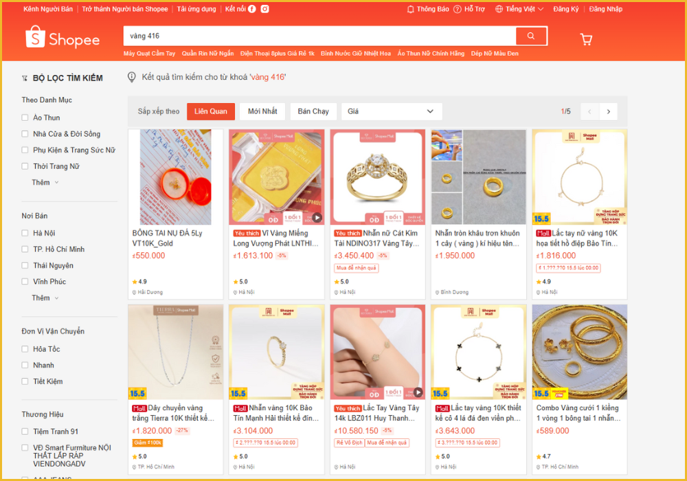 Vàng 416 được bán phổ biến trên sàn TMDT