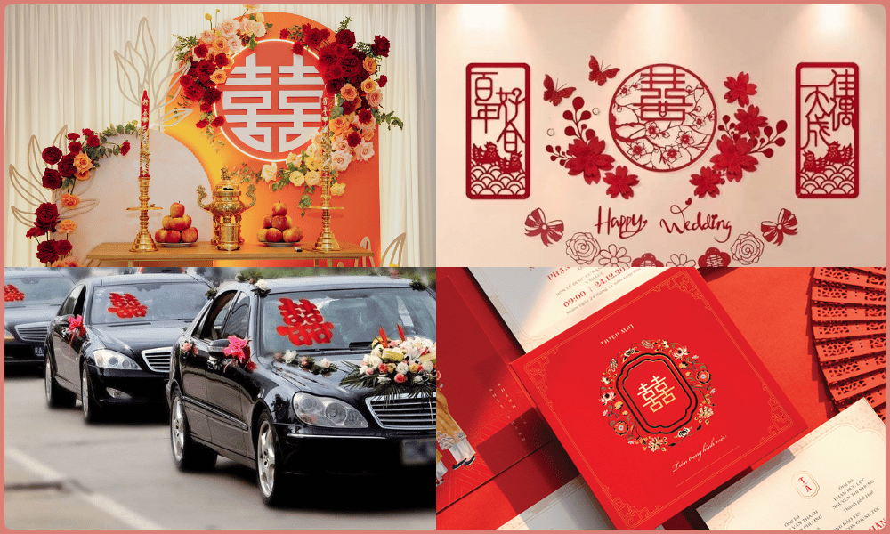 Song hỷ lâm môn được dùng để trang trí bàn thờ, thiệp cưới