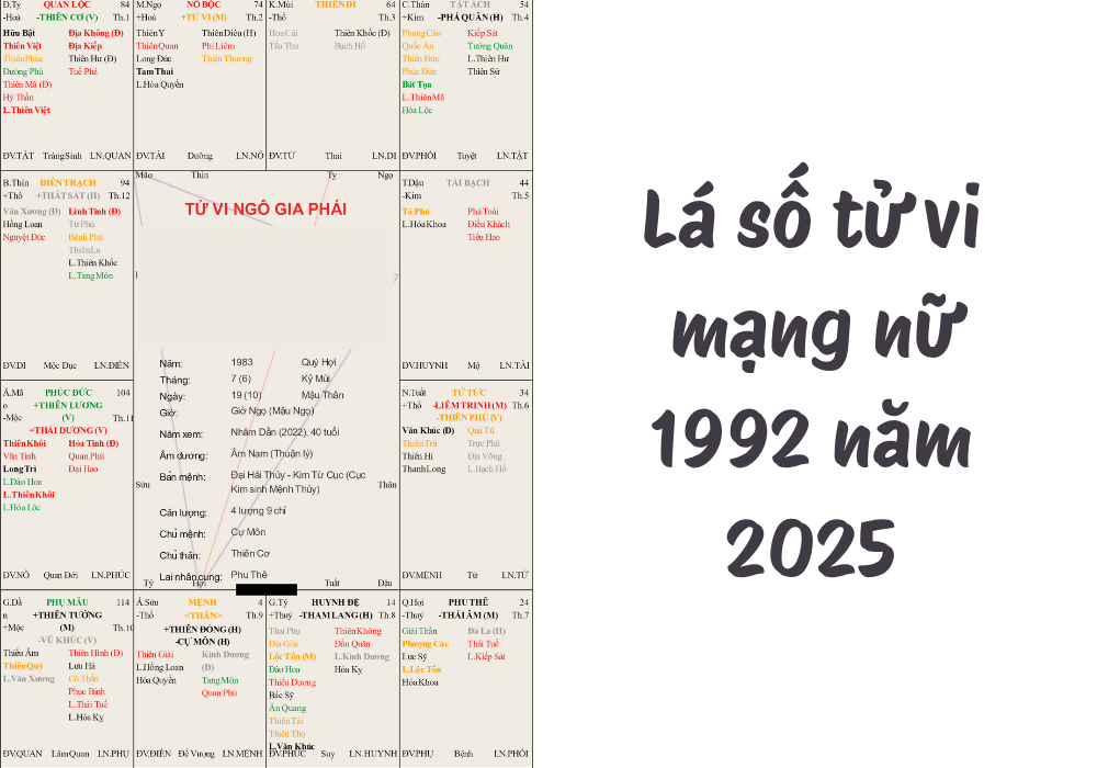 Lá số tử vi mạng nữ Nhâm Thân 1992