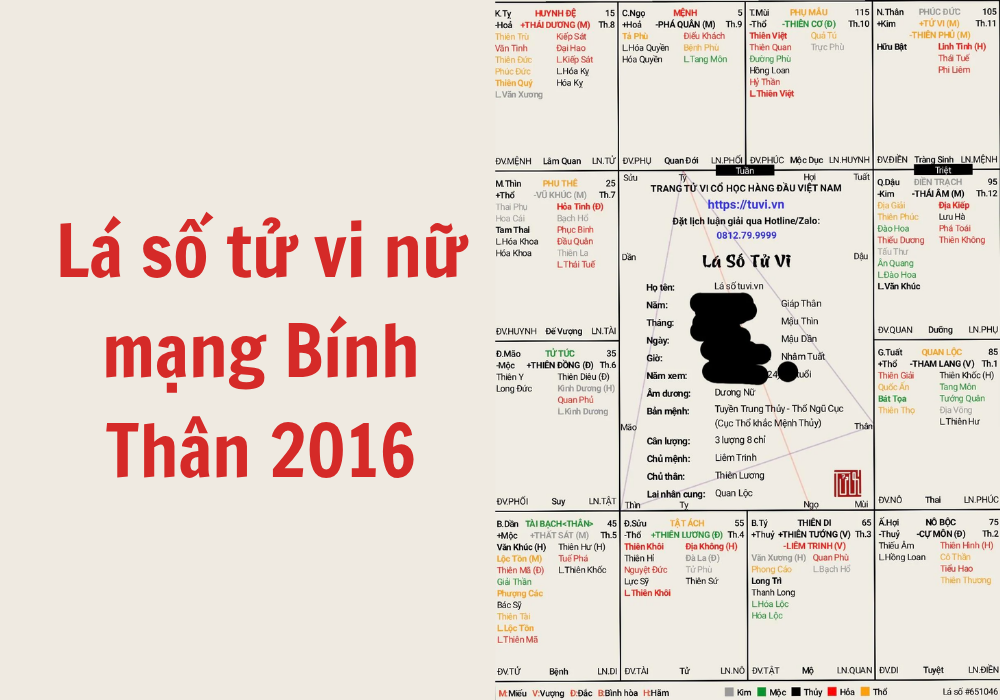 2016 mệnh gì? Hợp màu gì? Lá số tử vi tuổi Bính Thân 2016 12 Lá số tử vi trọn đời mạng nữ Bính Thân 2016