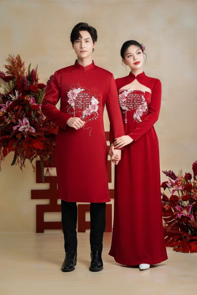 30+ mẫu áo dài cưới đẹp, sang trọng, xu hướng hiện nay 32 Áo dài cưới cặp đôi đính hạt cao cấp
