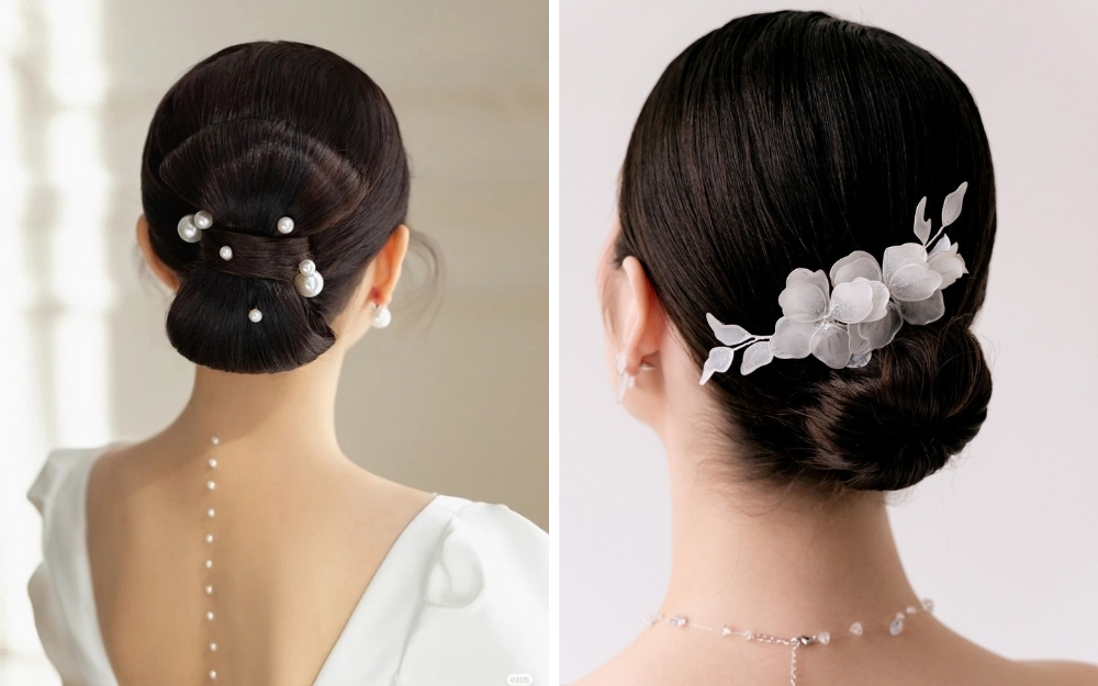 20+ kiểu tóc cô dâu đẹp nhất hiện nay, phù hợp với khuôn mặt 6 Kiểu tóc cô dâu búi thấp là một trong các kiểu tóc búi cô dâu đẹp