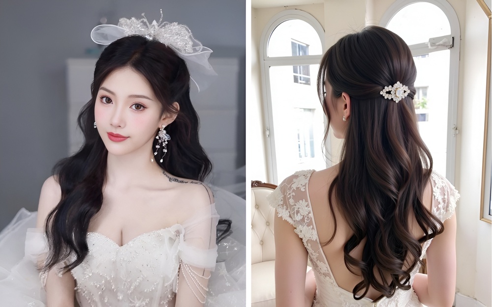 20+ kiểu tóc cô dâu đẹp nhất hiện nay, phù hợp với khuôn mặt 9 Kiểu tóc buộc nửa đầu cho cô dâu là một trong các kiểu tóc đơn giản cho cô dâu