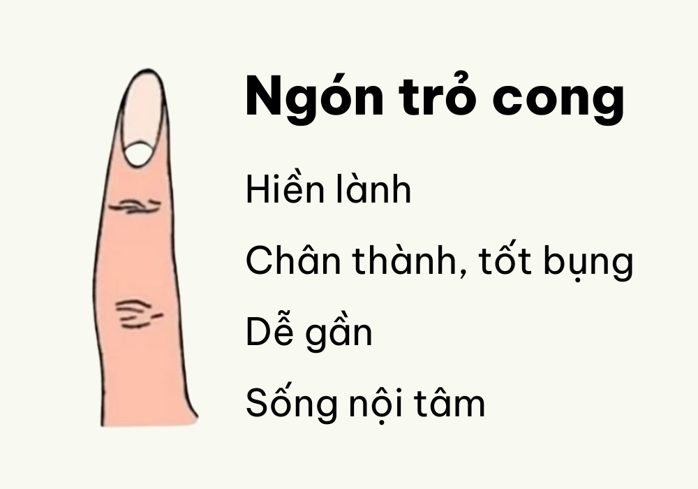 Ngón trỏ tiết lộ gì về tính cách & tình cảm của đối phương? 3 ngón trỏ cong về một phía là người thường sống khá nội tâm và không quá tự tin khi tiếp xúc với người lạ