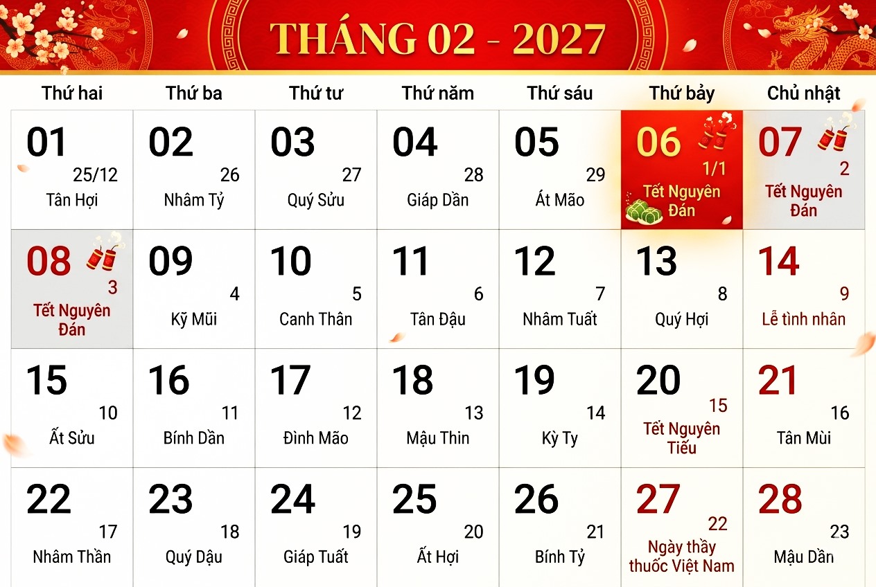 🕚Còn bao nhiêu ngày nữa đến Tết Nguyên Đán 2027? Đếm ngược Tết 2027 4 Lịch tết Tết Nguyên Đán 2027 rơi vào tháng 2