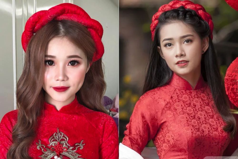 Top mẫu mấn đội đầu đẹp, sang trọng và được ưa chuộng nhất 2 Mẫu mấn đội đầu trơn gấm đỏ sang trọng kết hợp áo dài cưới truyền thống.