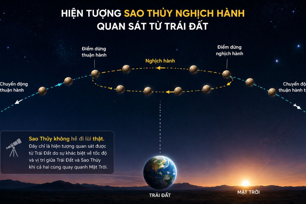 Sao Thủy nghịch hành là gì? Lịch 2026 và những điều cần biết 2 Hiện tượng sao Thủy nghịch hành được quan sát như chuyển động ngược chiều trên bầu trời