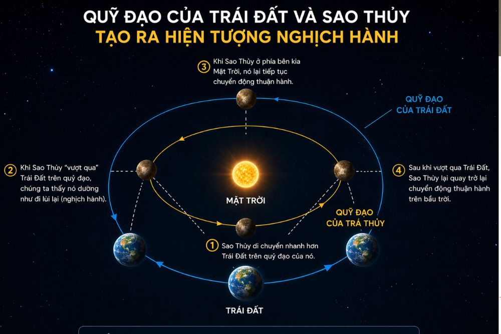 Sao Thủy nghịch hành là gì? Lịch 2026 và những điều cần biết 3 Quỹ đạo của Trái Đất và Sao Thủy tạo ra hiện tượng nghịch hành