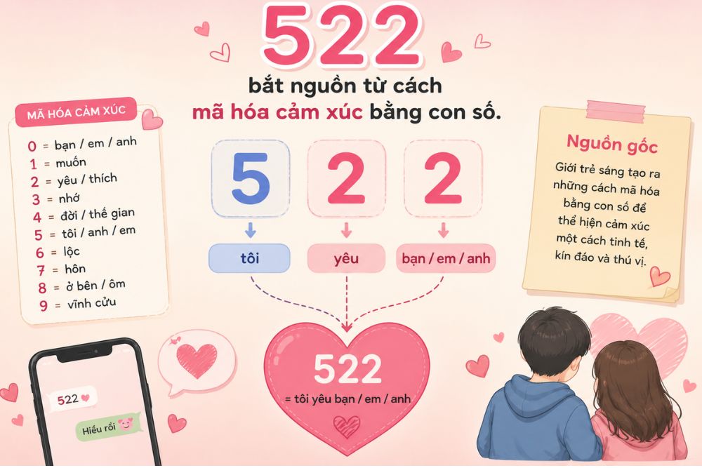 522 nghĩa là gì? Giải mã ý nghĩa con số 522 chi tiết nhất 5 522 bắt nguồn từ cách mã hóa cảm xúc bằng con số.