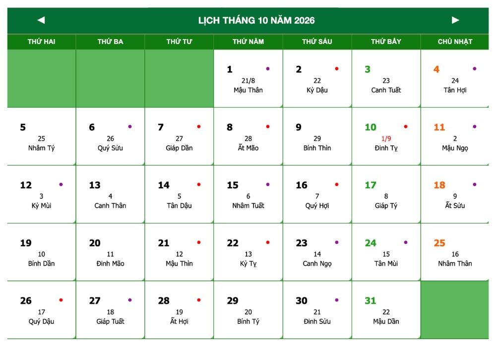 Tháng 10 có bao nhiêu ngày? Các ngày lễ, sự kiện trong tháng 10 2 Tháng 10 có bao nhiêu ngày dương lịch?