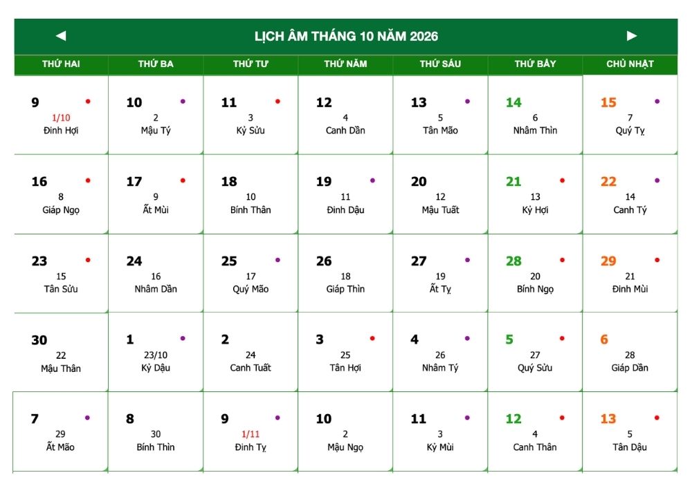 Tháng 10 có bao nhiêu ngày? Các ngày lễ, sự kiện trong tháng 10 3 Tháng 10 có bao nhiêu ngày theo âm lịch?